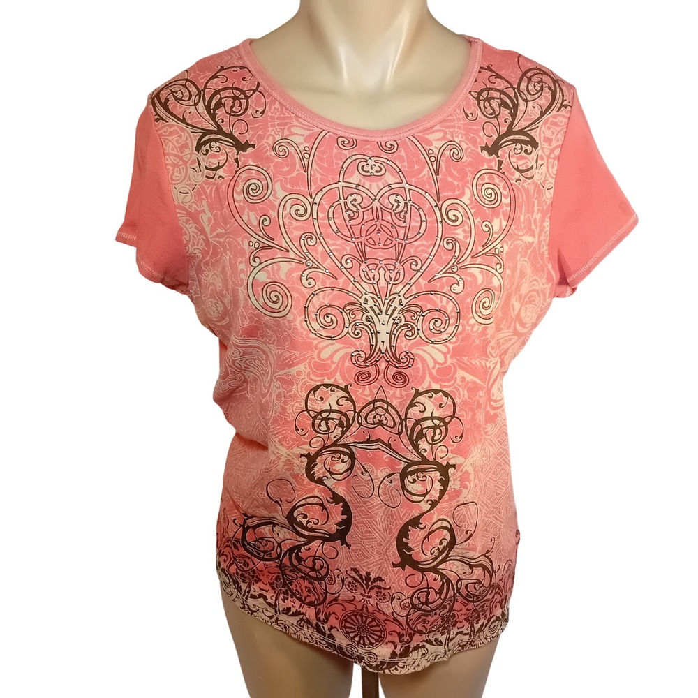 Vintage Y2K Blue Canyon Graphic T Shirt Coral Paisley Scroll Rhinestone Top L